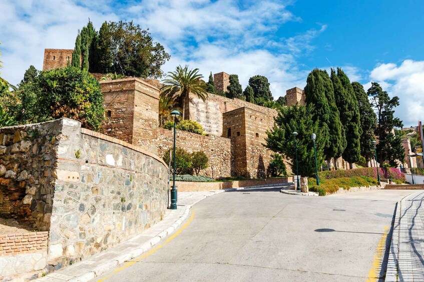 A stone wall with a curved road, a palm tree, and a clear blue sky. 5