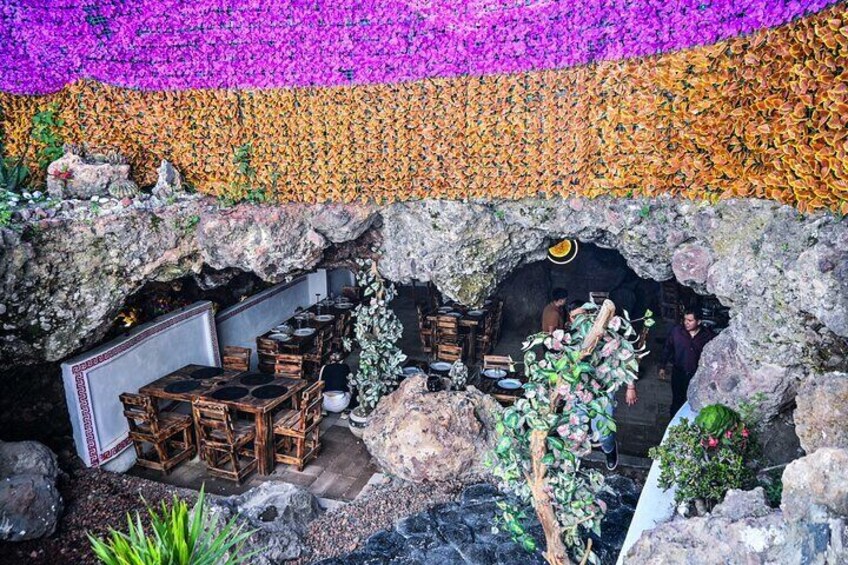 Una estructura similar a una cueva con muebles de madera y plantas. 4