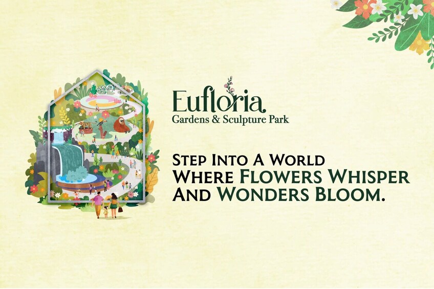 A colorful illustration of Euphoria Gardens & Sculpture Park with a waterfall, winding paths, and various sculptures. 1