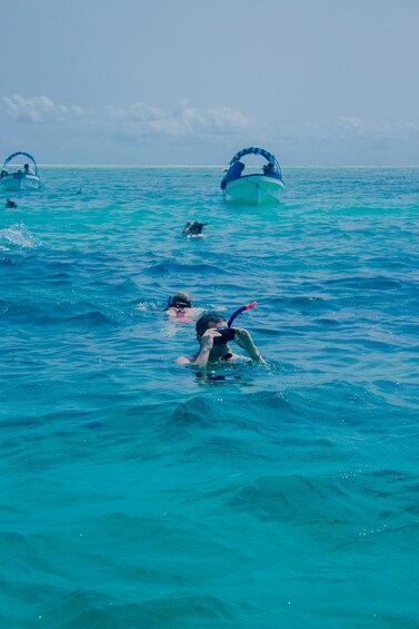 People snorkeling in turquoise waters with boats in the background. 3