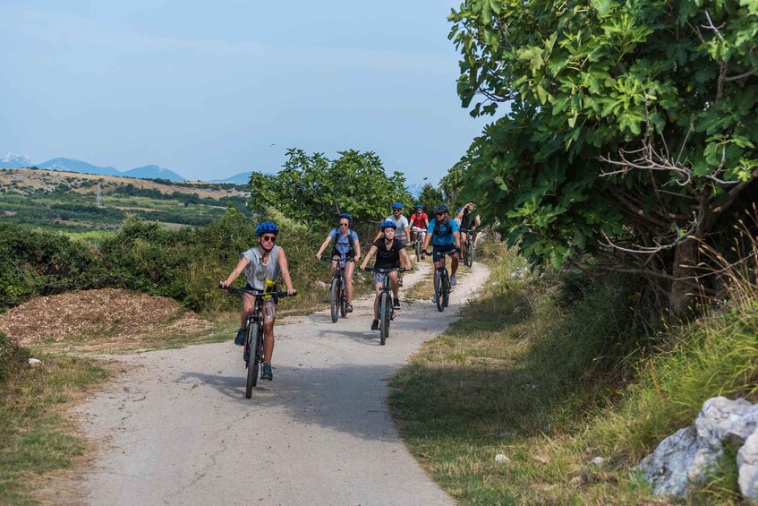 A group of cyclists on a dirt path surrounded by greenery and hills. 5