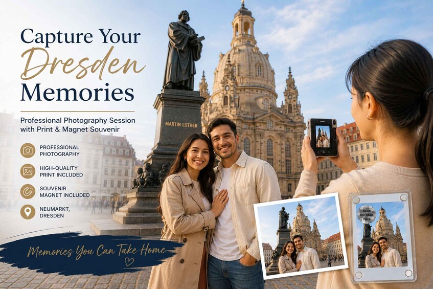 A couple taking a photo in front of a statue and a historic building in Dresden. 3