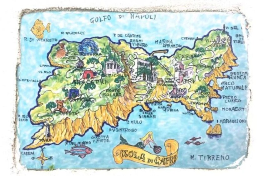 A colorful map of the Gulf of Naples highlighting towns like Positano, Capri, and Isola di Capri. 1