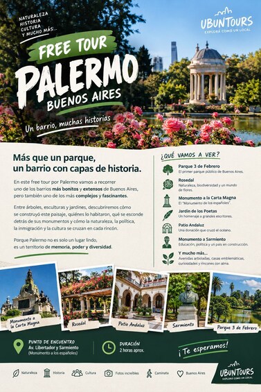 Manifesto di viaggio per un tour gratuito a Buenos Aires, con particolare attenzione a siti storici e culturali. 2