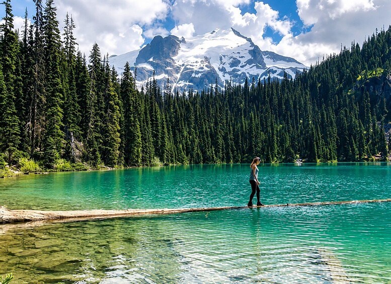 A person standing on a log in a clear turquoise lake with a forest and snow-capped mountains in the background. 2