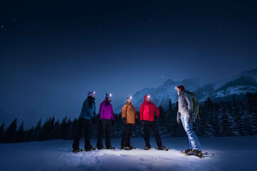 A group of skiers on a snowy mountain at night. 5