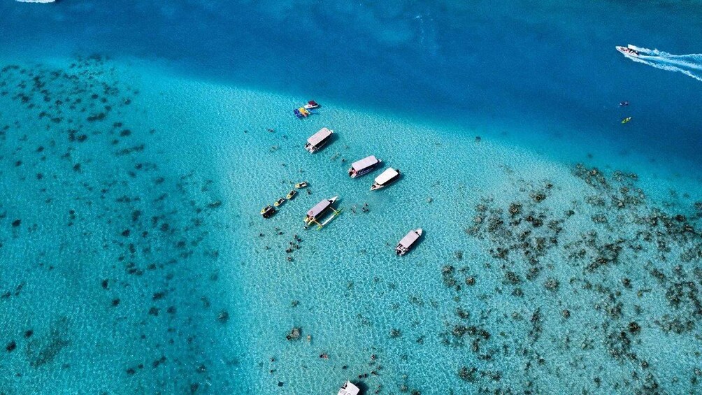 An aerial view of a turquoise sea with several boats anchored near the shore. 3