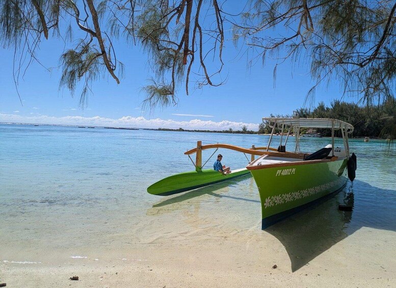 A green boat with a person on board, a sandy beach, clear blue water, and a distant shoreline with trees. 1