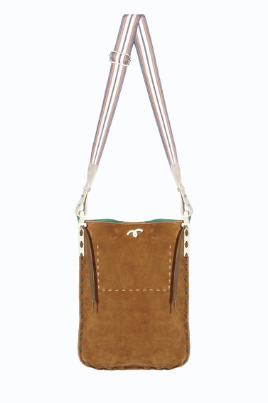A brown leather handbag with a white logo, a flap closure, and a shoulder strap. 3