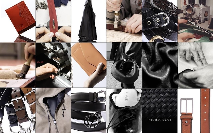 A collage of various leather goods, including bags, belts, and accessories, with visible stitching and branding. 1