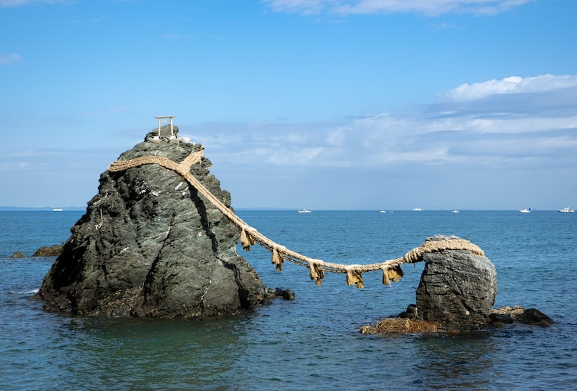 A rocky island with a rope bridge and a small structure on top. 1