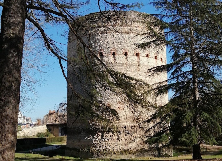 A historic stone tower with a crenellated top, surrounded by trees and a clear sky. 5
