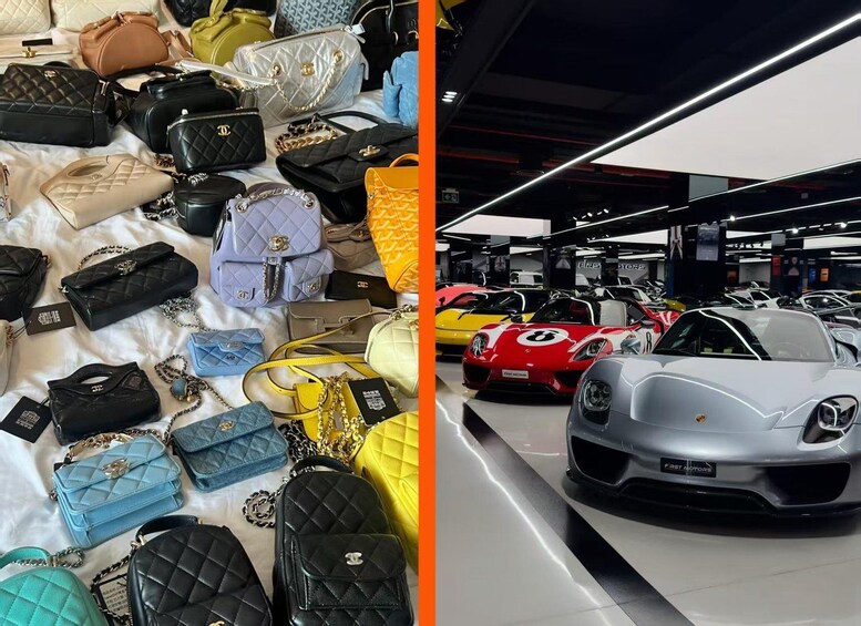 A luxury car showroom with various high-end cars and a display of designer handbags. 1
