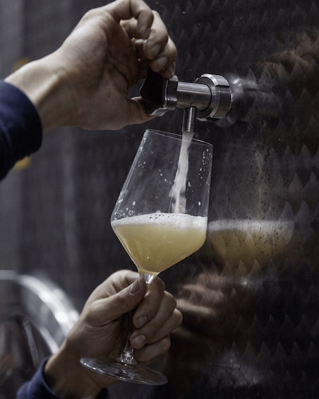 A person pouring a yellow liquid into a glass. 2