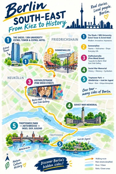 A map of Berlin's south-east region highlighting key attractions like the S-Bahn, Sonnenallee, Kiefholzstrasse, Treptower Park, and the Soviet War Memorial. 2