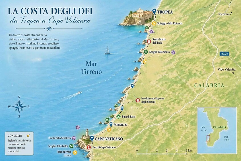 A map of the Italian coast from Tropea to Capo Vaticano, highlighting various coastal towns and landmarks. 1