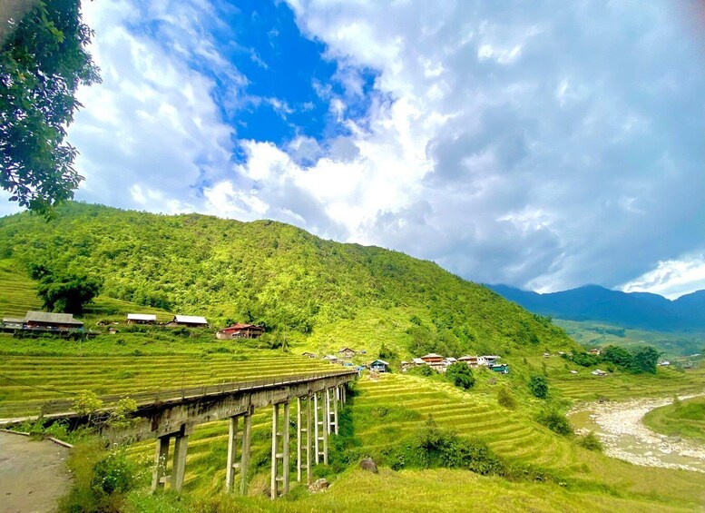 Terraced fields, a wooden bridge, and a mountain in the background. 5