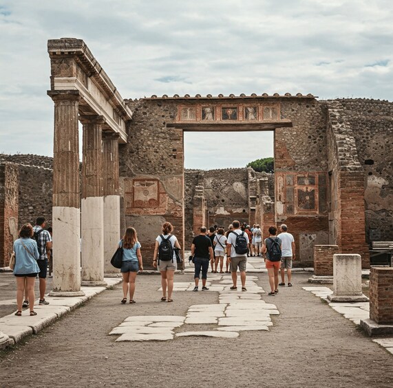Tourists walking through ancient ruins with stone columns and an arched entrance. 3