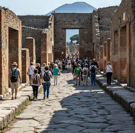 A cobblestone pathway flanked by ancient brick structures, leading towards a mountain in the distance. 4