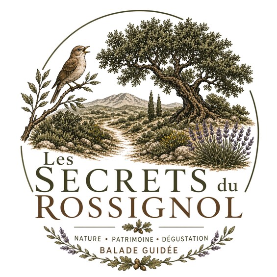 A logo with a bird on a branch, a tree, and a landscape with mountains. 3