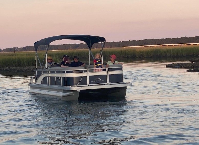 A pontoon boat with a canopy, people on board, and a calm river with grassy banks. 4