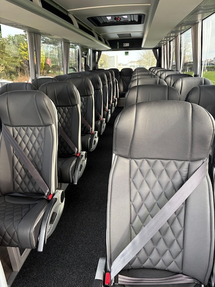 A row of seats with headrests and seat belts, a carpeted floor, and windows with curtains. 3