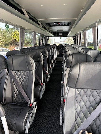 A bus interior with black leather seats, overhead storage compartments, and a windowed front section. 4