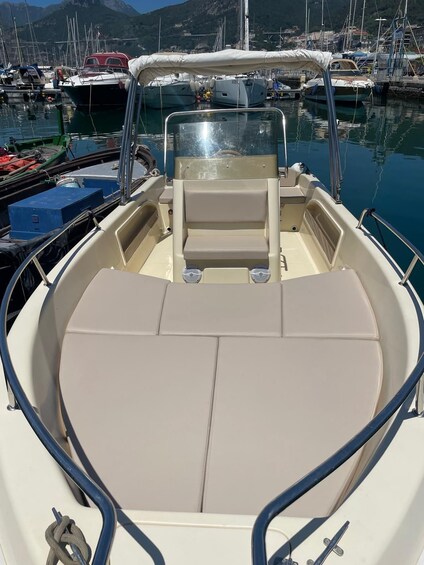 A boat with a cushioned seating area, metal railings, and a clear view of the marina in the background. 4