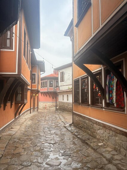 A narrow cobblestone alley flanked by buildings with traditional architecture, featuring stone walls and wooden beams. 2