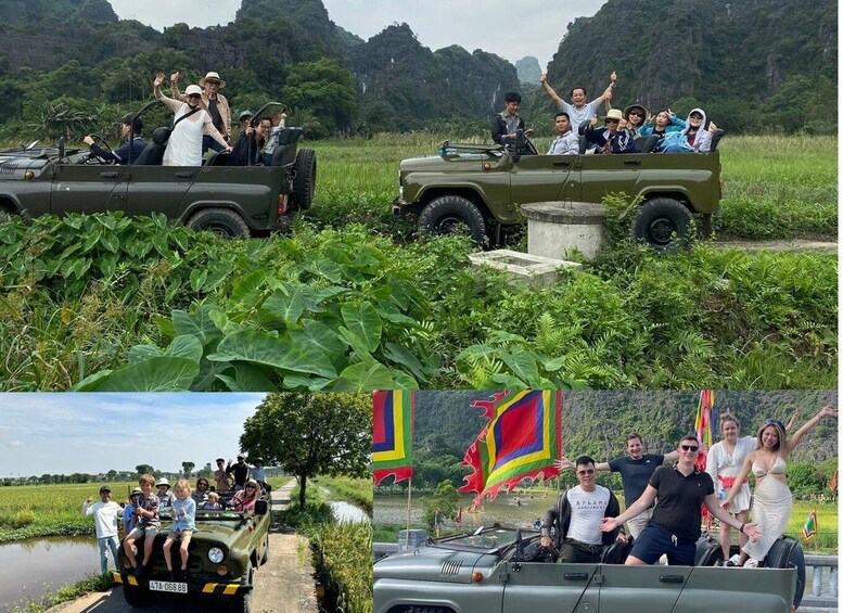 A group of people in a jeep on a rural road surrounded by greenery and hills. 4