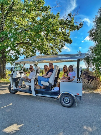 A group of people on a stationary golf cart in a park with trees and a clear sky. 1