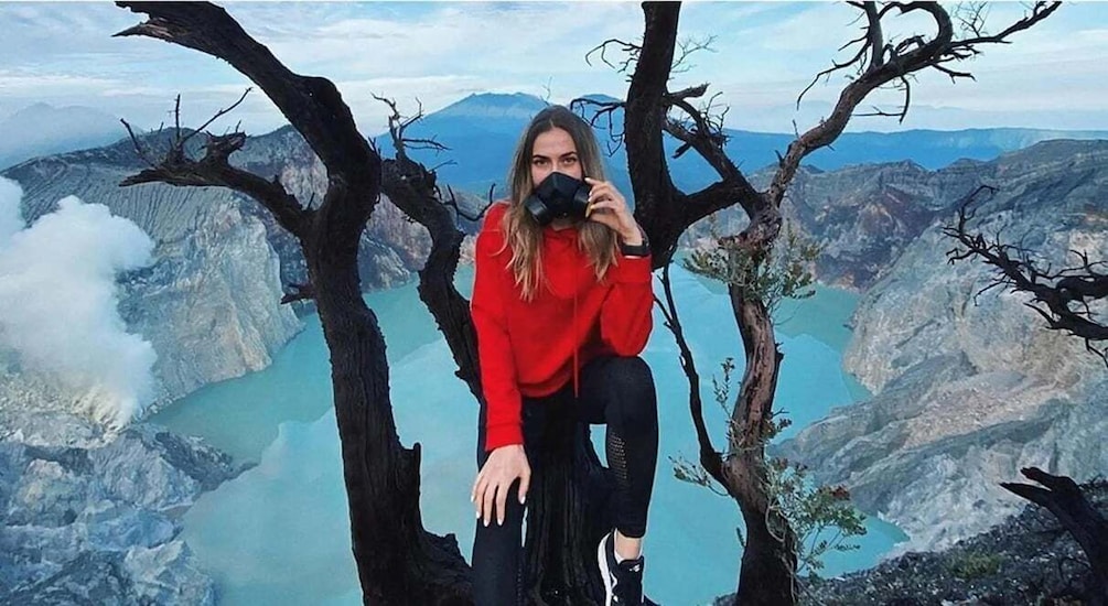 A person sitting on a tree branch with a mountainous landscape in the background. 4