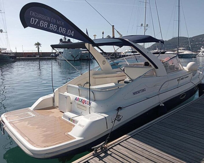 A white motorboat docked at a marina with a wooden deck and a canopy. 4