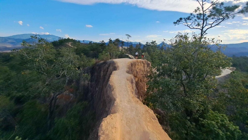 A narrow dirt path leading to a cliff edge with a mountainous backdrop. 5