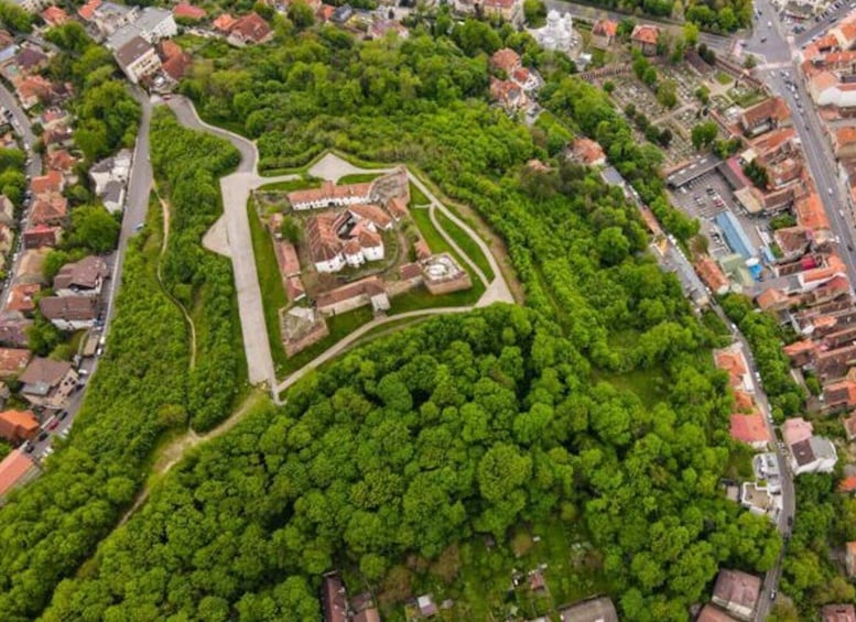 An aerial view of a historic park with a central monument, surrounded by dense greenery and residential buildings. 3