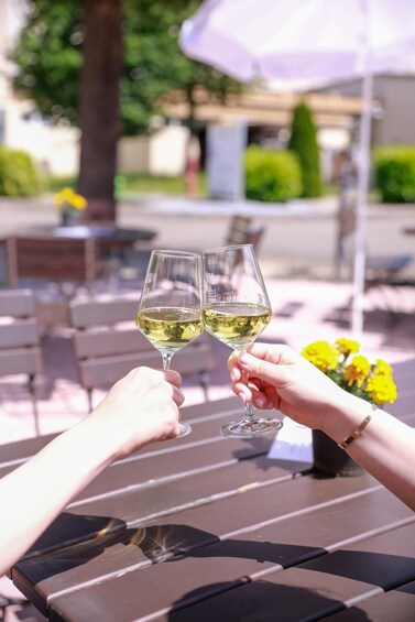 Two people toasting with wine glasses at an outdoor cafe. 1
