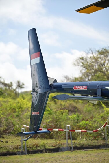 A close-up of an aircraft's tail with a 'DANGER BAHAYA' sign. 4