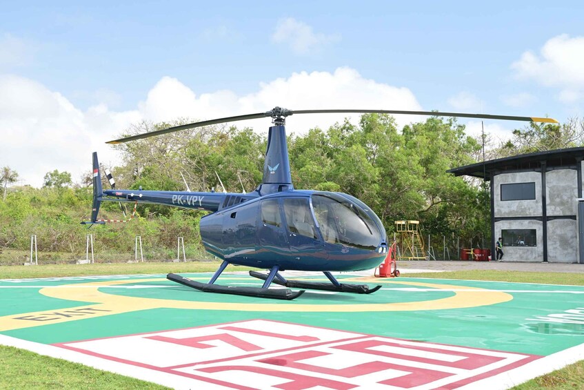 A blue helicopter on a colorful landing pad with 'EXIT' and 'IN' symbols. 2