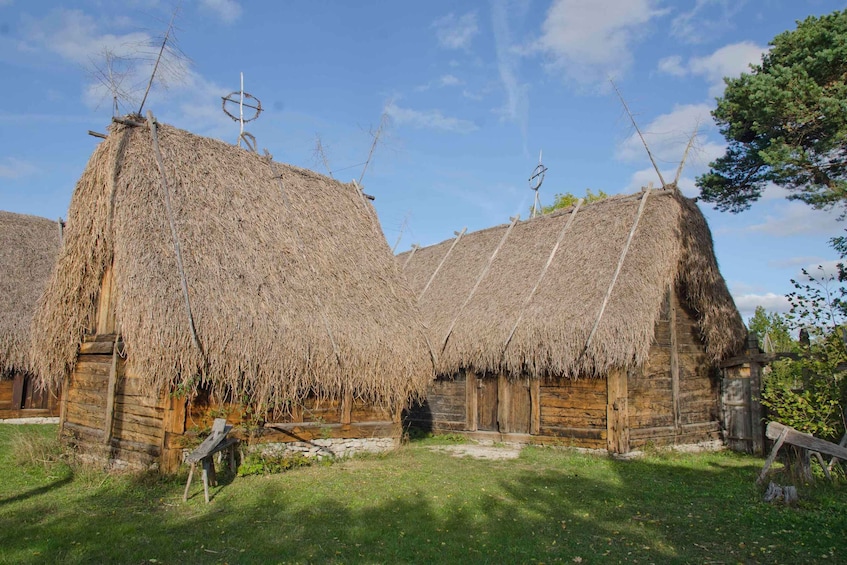 Traditional thatched-roof huts with wooden walls and a clear sky. 1