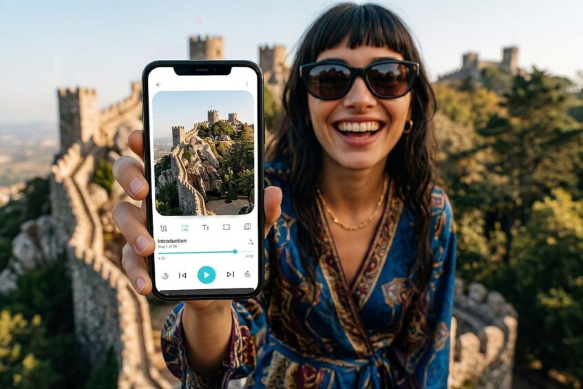 Een persoon houdt een smartphone vast, waarop een videospeler te zien is met een pittoresk uitzicht op een historische muur met torens. 1