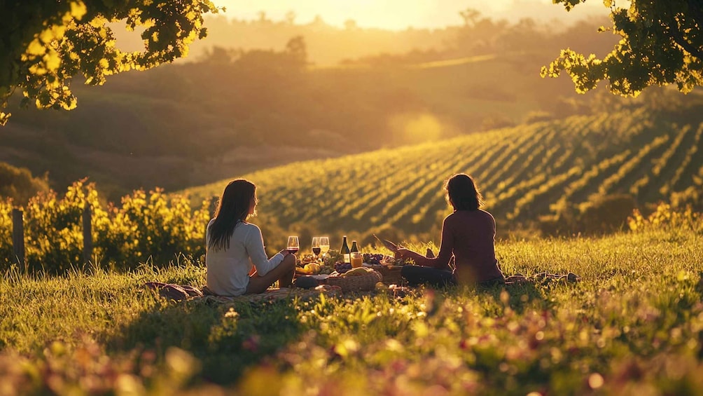 Two people sitting on a blanket in a field with a table of food and drinks. 3