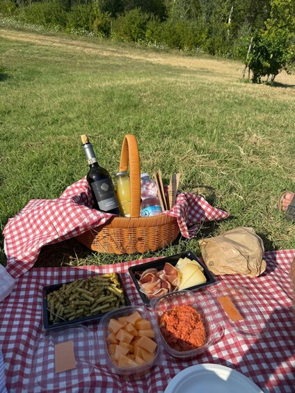 A picnic setup with food, drinks, and a basket on a checkered blanket in a grassy field. 4