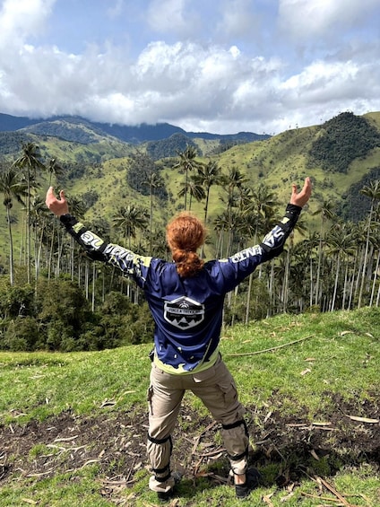 A person standing on a grassy hill with arms raised, overlooking a landscape with palm trees and hills. 5