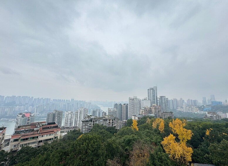 A cityscape with high-rise buildings, a river, and autumn foliage. 3