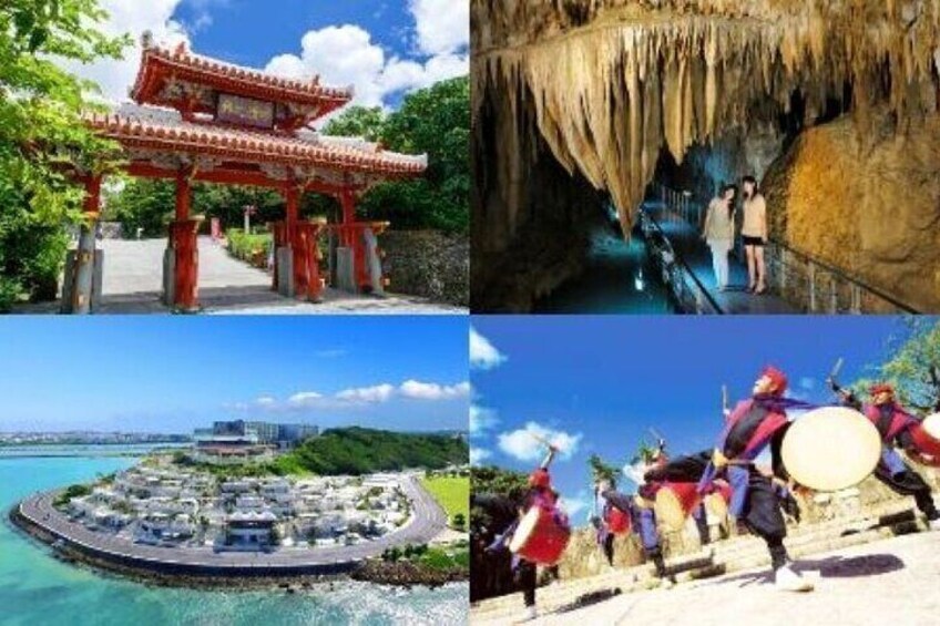 A traditional red gate, a cave with stalactites, a coastal resort, and a group of drummers. 1