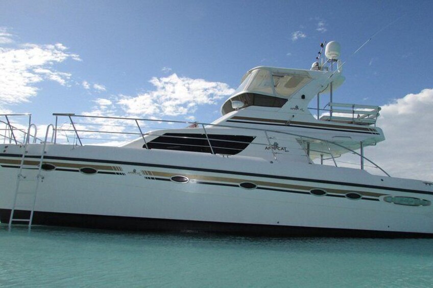 Uno yacht bianco con una scaletta, una cabina e una zona coperta sul ponte. 1