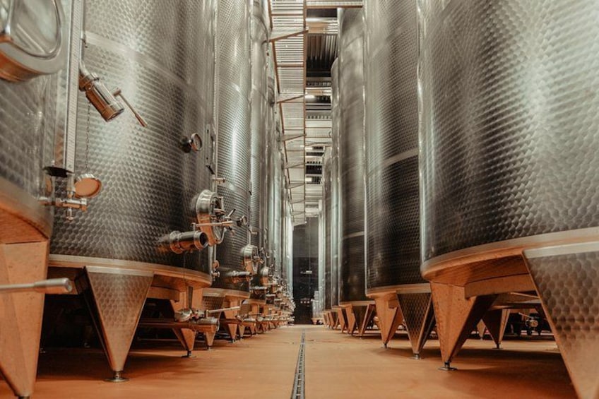 Reihe aus Edelstahl-Gärbehältern in einer Brauerei. 4