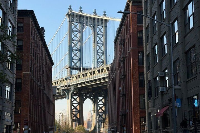 A large metal bridge with a blue covering, flanked by tall buildings. 1