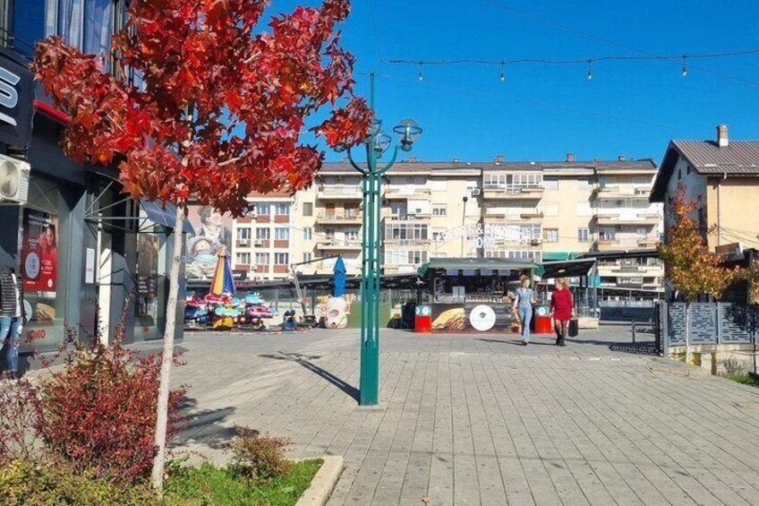A paved pedestrian area with a tree, buildings, and a kiosk. 2