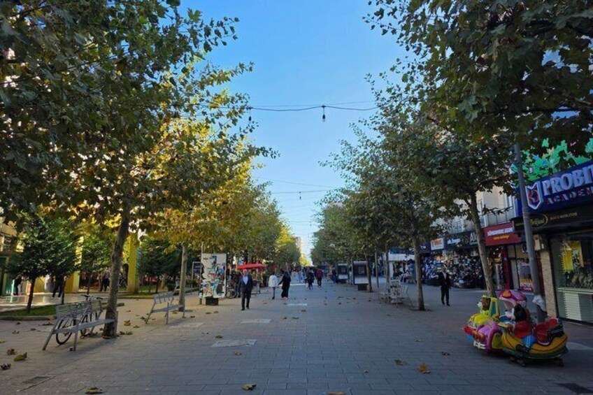 A tree-lined pedestrian street with shops and a colorful ride-on toy car. 3